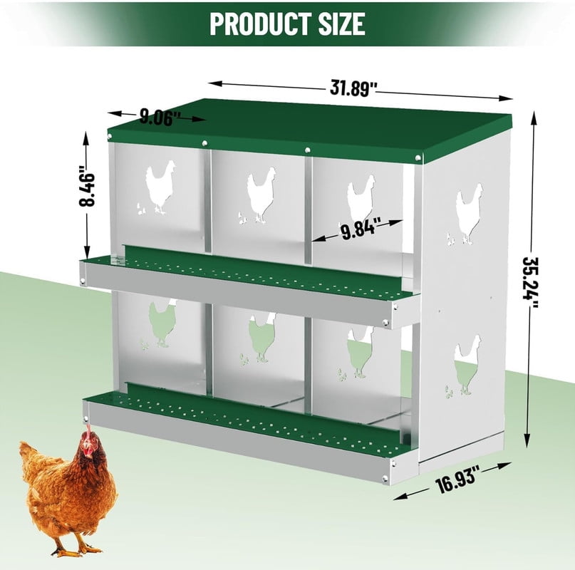 Chicken Nesting Box 6 Compartments Laying Boxes, Metal Chicken Egg Laying Box with Rollout Egg Collection, Large Vented Holes Chicken Coop for Chickens, Hens (Green)