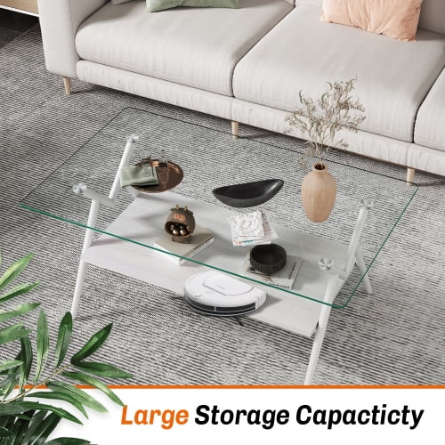 Modern Rectangle Tempered Glass Coffee Table with White Metal Legs - 38.6"L x 22.8"W x 17.3"H, White MDF Shelf, Living Room Center Table