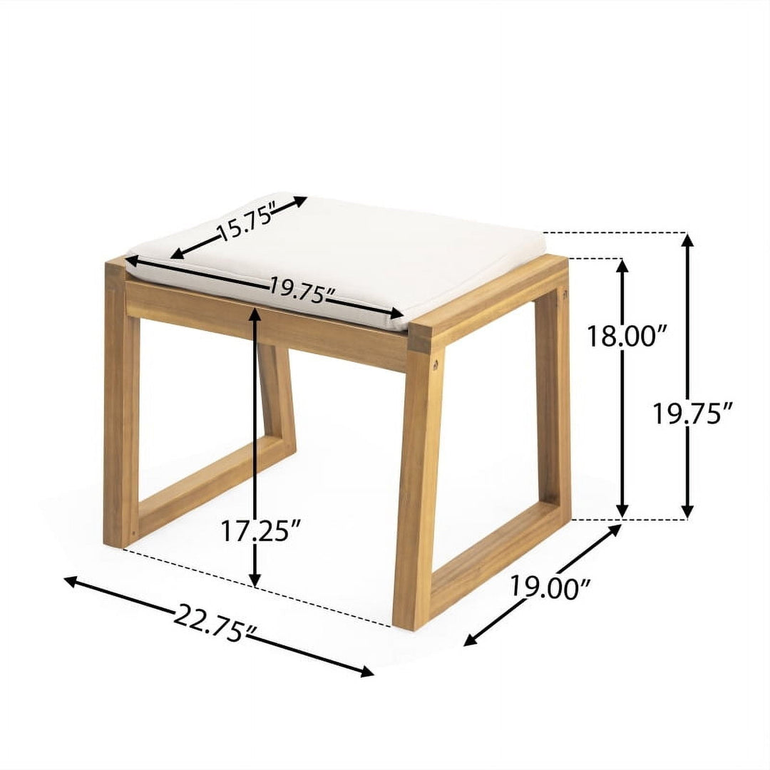 Acacia Wood Outdoor Ottoman Bench Set of 2, Waterproof Teak Finish Patio Footrest Stools with Beige Cushions, Modern Minimalist Pool Deck Seating for Garden, Backyard, 19.75" Height