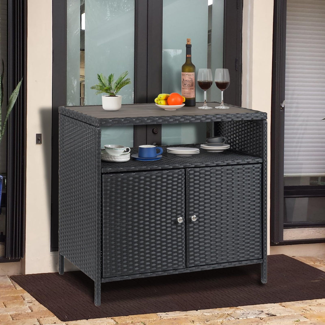 Outdoor Storage Cabinet with Doors, Weatherproof Wicker Patio Storage Box, Rattan Bar Table for Poolside, Backyard & Garden