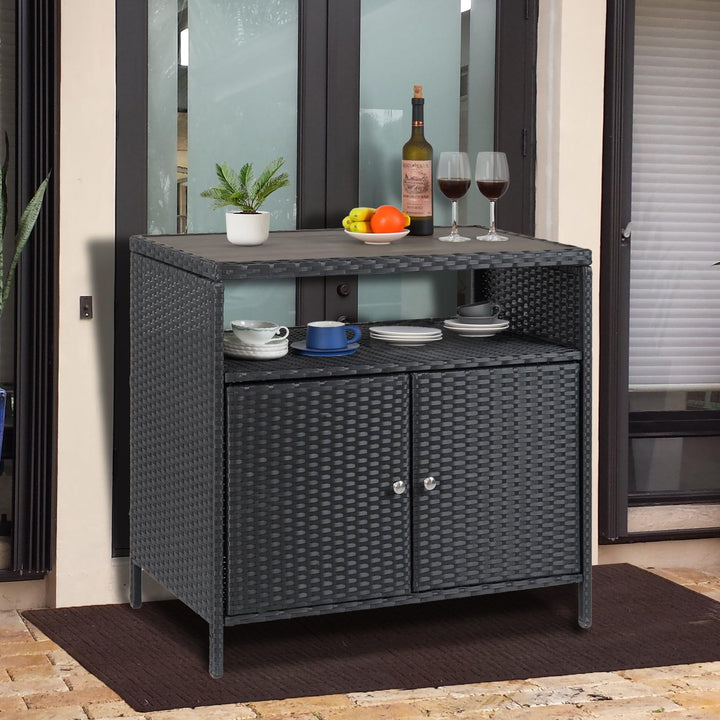 Outdoor Storage Cabinet with Doors, Weatherproof Wicker Patio Storage Box, Rattan Bar Table for Poolside, Backyard & Garden
