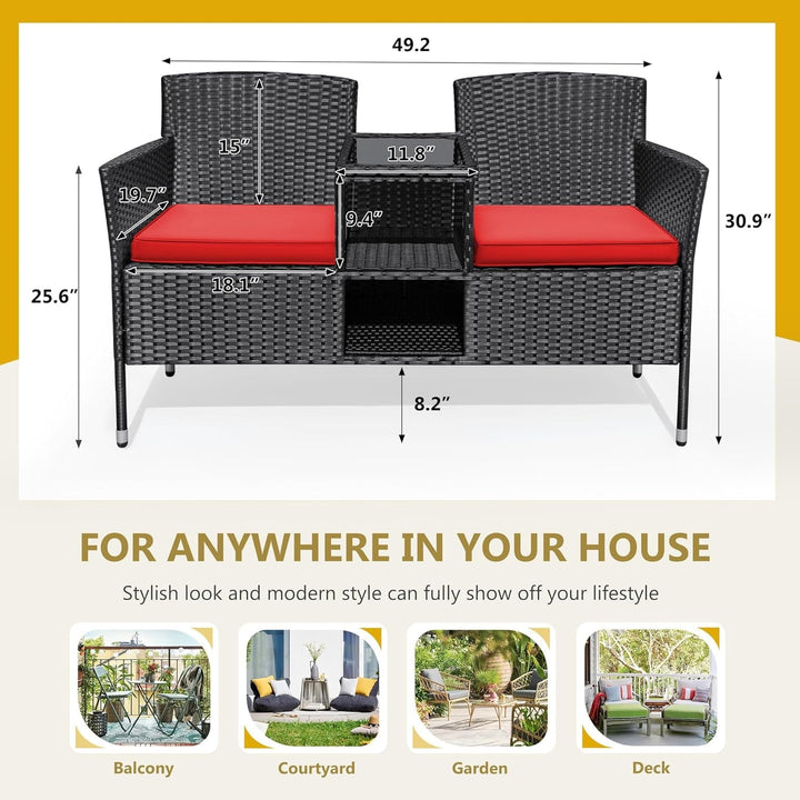 CRXX Outdoor Furniture Patio Loveseat Wicker 2-Seat with Built-in Table and Cushions Rattan Porch Chairs Bench for Balcony, Lawn, Backyard (Red)