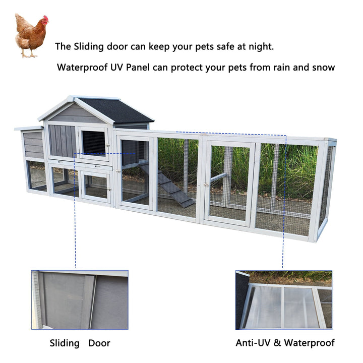 Zephypaws 112" Large Wooden Chicken Coop with Nesting Box, Outdoor Chicken Run Cage, Waterproof Hen House for Backyard, Gray