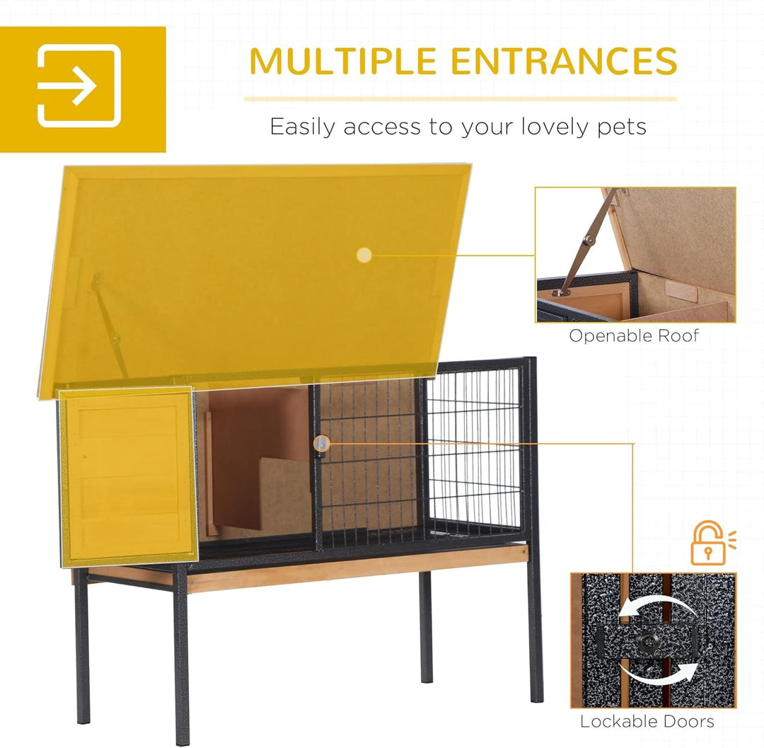 Rabbit Hutch Elevated Bunny Cage Small Animal Habitat with Metal Frame, No Leak Tray, Mtetal Wire Pan and Openable Water-Resistant Asphalt Roof for Indoor/Outdoor Natural Wood