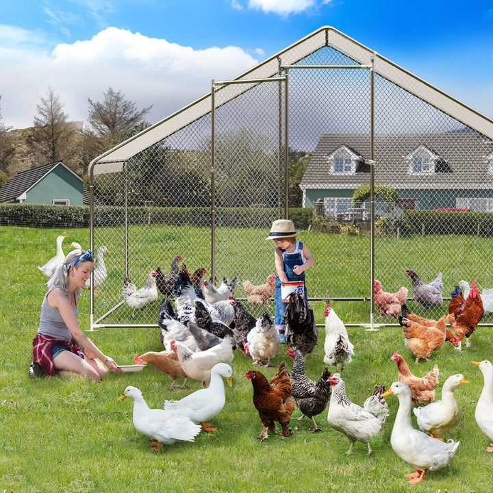Pinypikaka Large Metal Chicken Coop 9.8'x6.5'x6.5' Walk-in Poultry Cage, Chicken Run Pen House with Waterproof Anti-Ultraviolet Cover for Yard, Outdoor Farm