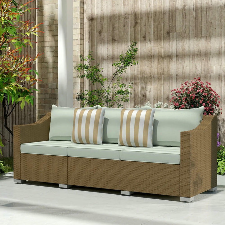 YYAo Patio Couch, Outdoor Sofa,Rattan Wicker 3 Seater Patio Couch with Cushions, 2 Throw Pillows, Outdoor Furniture Rattan Sofa, Light Gray