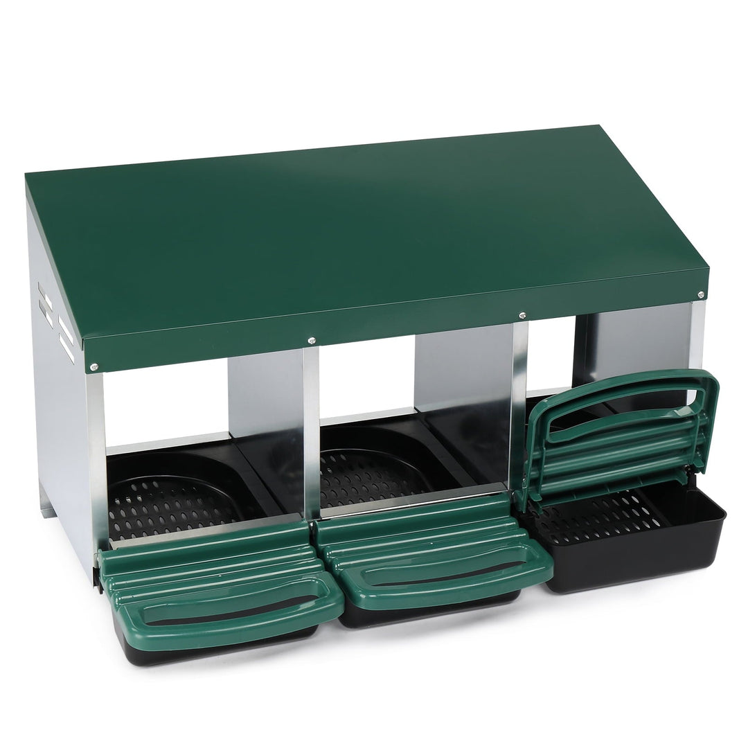 3 Compartment Roll Out Chicken Nesting Box w/ Plastic Basket - Steel Frame 31.9x20.1x18.5in（Green）