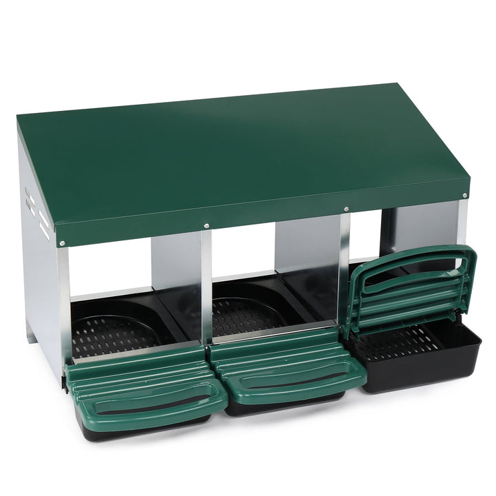 3 Compartment Roll Out Chicken Nesting Box w/ Plastic Basket - Steel Frame 31.9x20.1x18.5in（Green）