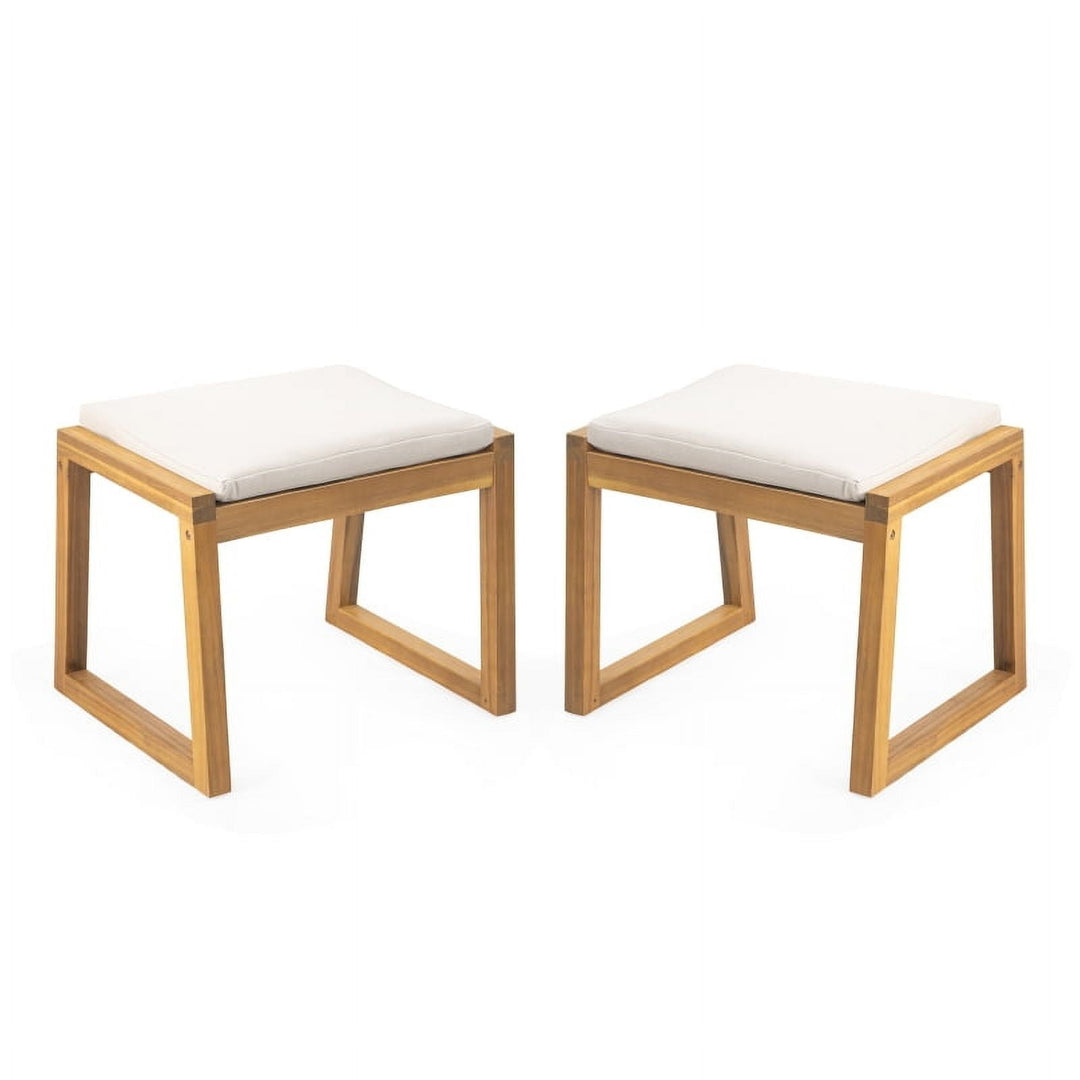 Acacia Wood Outdoor Ottoman Bench Set of 2, Waterproof Teak Finish Patio Footrest Stools with Beige Cushions, Modern Minimalist Pool Deck Seating for Garden, Backyard, 19.75" Height