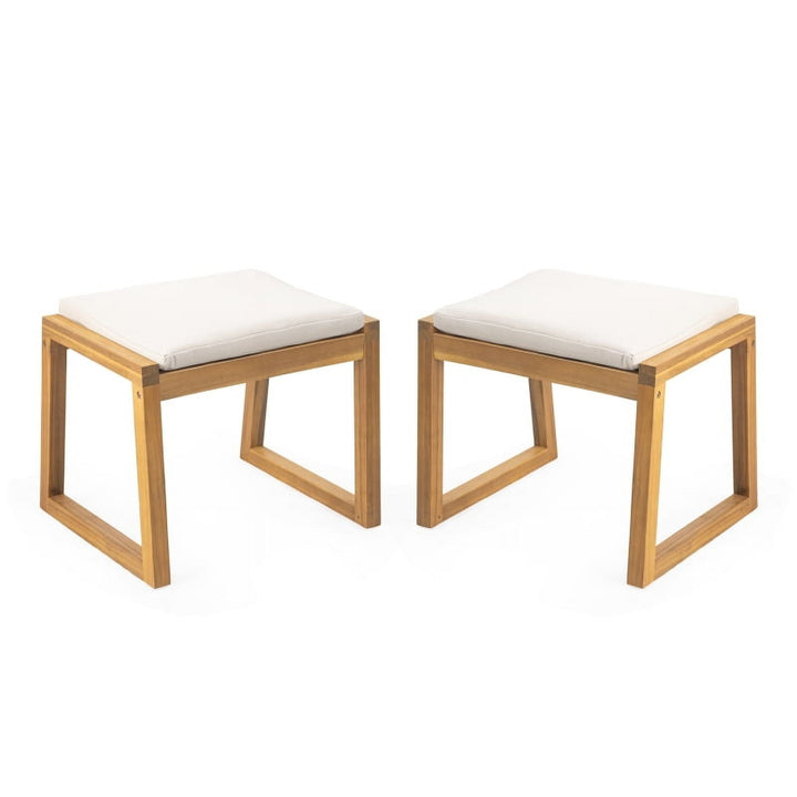 Acacia Wood Outdoor Ottoman Bench Set of 2, Waterproof Teak Finish Patio Footrest Stools with Beige Cushions, Modern Minimalist Pool Deck Seating for Garden, Backyard, 19.75" Height
