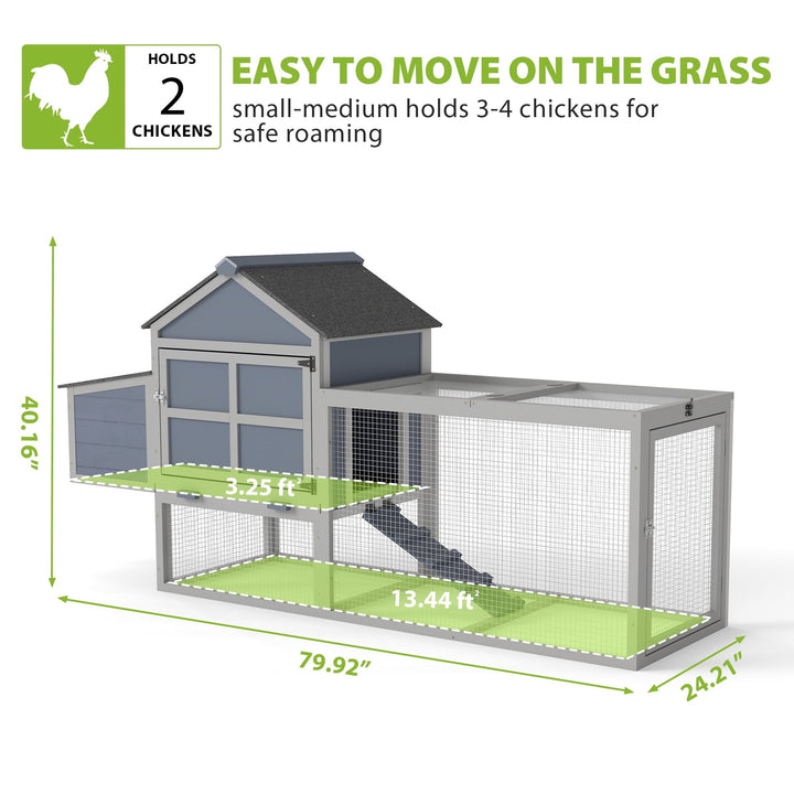 Outdoor Chicken Coop, Wooden Hen House with Nesting Box, Run, Resting Room, Ramp, Pull-Out Tray, Weatherproof, Patio Garden Pen Hutch for Ducks Poultry Pets, Easy to Clean, Gray