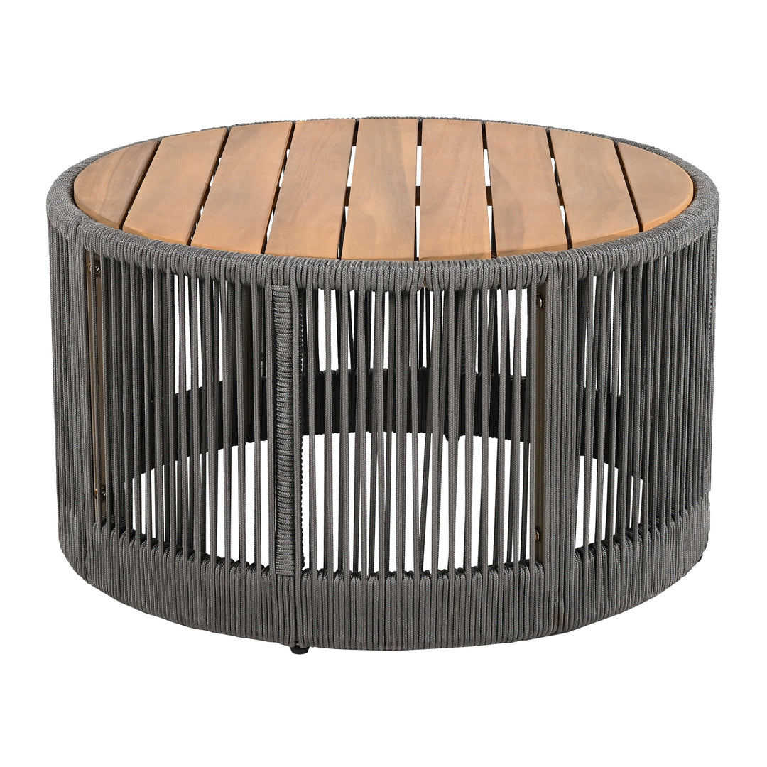 26" Round Acacia Wood Coffee Table with Grey Rope Accents, Rustic Outdoor Patio Table for Garden & Balcony