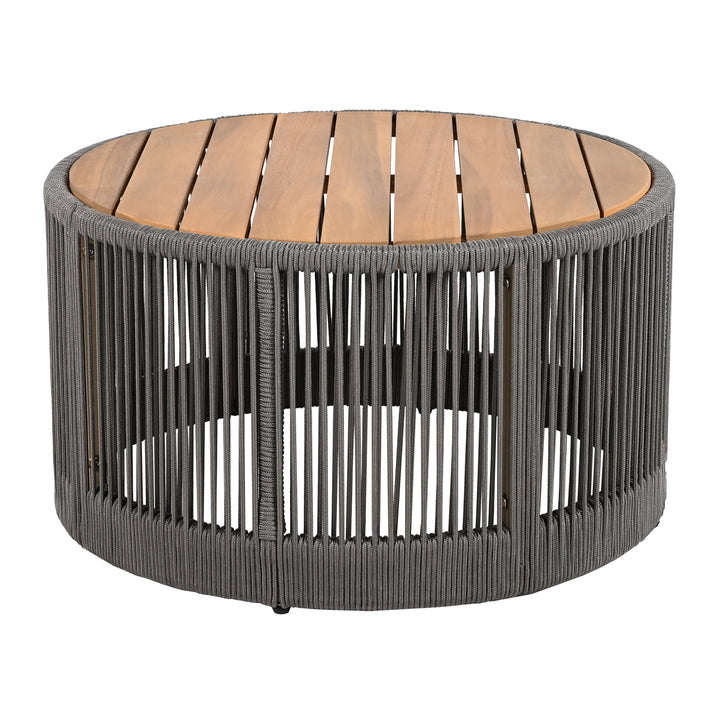 26" Round Acacia Wood Coffee Table with Grey Rope Accents, Rustic Outdoor Patio Table for Garden & Balcony