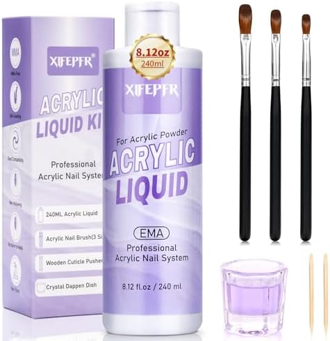 Monomer Acrylic Nail Liquid 8.12fl.oz with 3 Size Acrylic Brushes for Acrylic Powder, MMA-Free Non-Yellowing EMA Monomer Liquid for Acrylic Nail Extension & Carving, DIY Home & Nail Salon Use