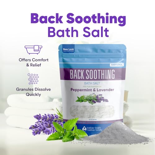 Back Soothing Bath Salt 32 Ounces Epsom Salt with Natural Bergamot, Lavender, Eucalyptus and Peppermint Essential Oils Plus Vitamin C in BPA Free Pouch with Easy Press-Lock Seal