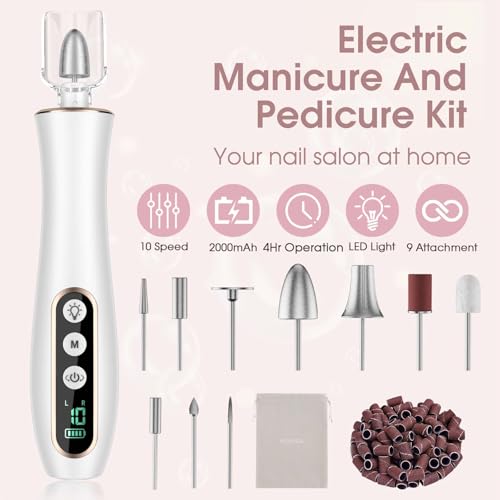 Professional Manicure Pedicure Kit, Cordless Electric Nail Drill with 360° LED light&10 Speeds, Rechargeable Pedicure Tools for feet, Hand Foot Care Nail Drill for Thick Nail Toenail Cuticle Women Men