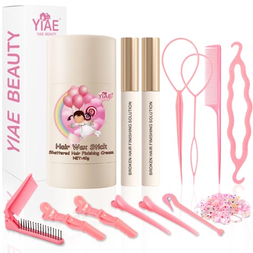 YIAE Hair Wax Stick Kit - Hair Finishing and Braiding Set with Non-Greasy Pomade for Flyaways, Frizz, and Edges, Includes Wax Stick and 2 x 15ml Sticks for Women and Girls
