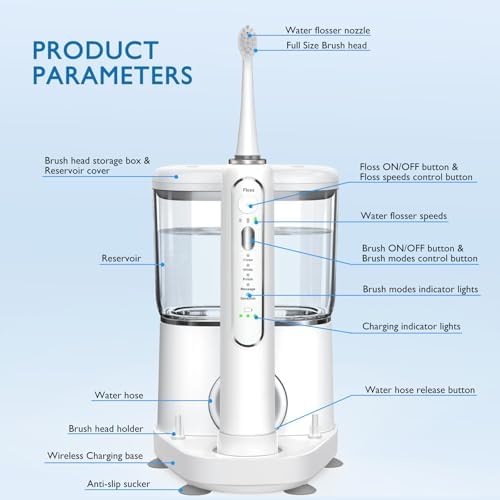 Electric Toothbrush with Water Flosser - Wireless Charging 3 in 1 Flossing Toothbrush - 500ML Professional Cordless Brush and Flosser in One - 5 Brush Modes & 3 Floss Speed (White)