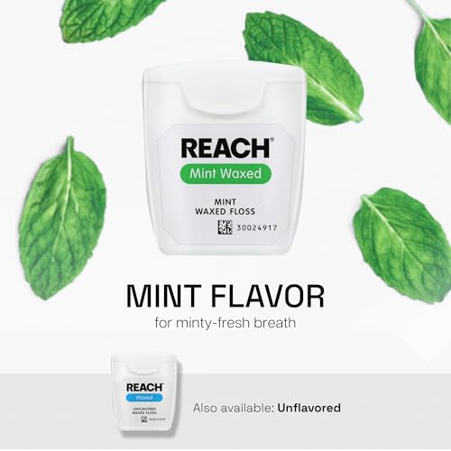 REACH Waxed Dental Floss, Mint, 2X More Value, Plaque Remover for Teeth, Shred Resistant, Floss Slides Smoothly, Easy to Use, Waxed, for Adults & Kids, Oral Care, PFAS Free, 3 Pack, 115 yd