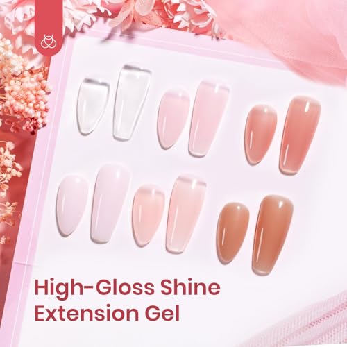 Beetles Poly Nail Gel Kit 6 Colors Clear Nude Brown Nail Extension Gel Set Builder Hybrid Jelly Gel with Nail Lamp Poly Extension Gel Nail Kit with Slip Solution Base Top Coat Gel Polish for Women