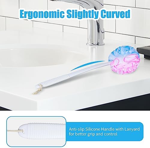VANZAVANZU Loofah Sponge Set Loofah Exfoliating Body Scrubber, Anti-Slip Plastic 17" Handle Loofah on a Stick with Fluffy Shower Sponge, PE Soft Mesh Shower Loofahs-White with Blue Pink Edge