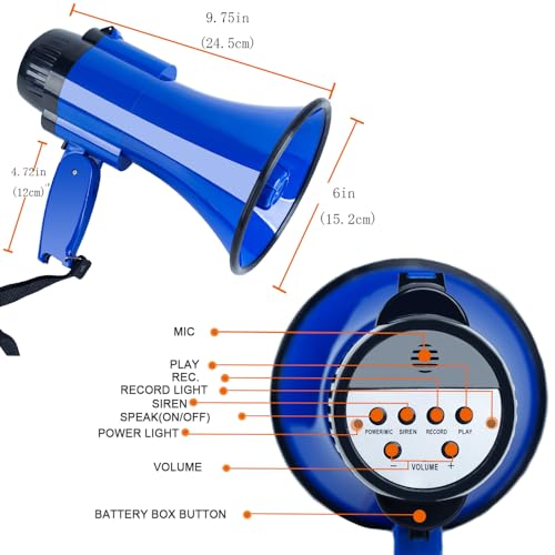 30 Watt Power Portable Megaphone Bullhorn Speaker Voice, Siren/Alarm and 240S Recording with Volume Control and Strap (Blue)