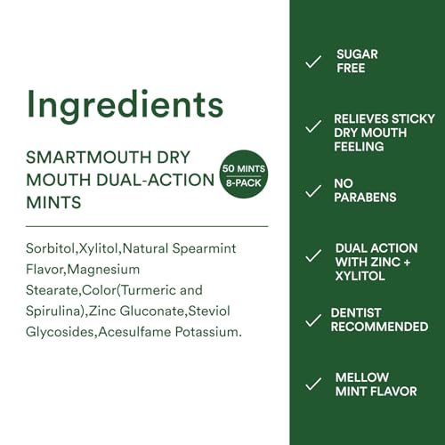 SmartMouth Dry Mouth Dual-Action Mints - Sugar-Free Breath Mints - 50 Count, 8 Pack, Mellow Mint