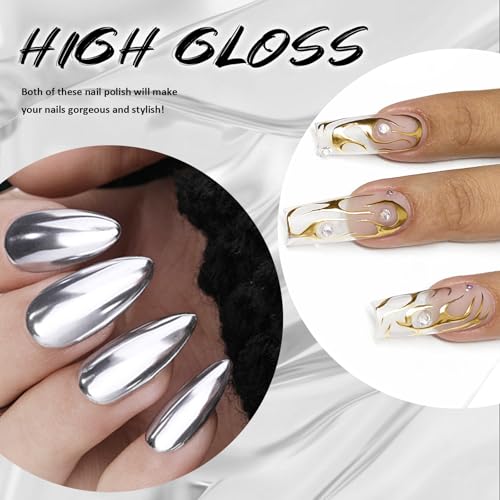 2x12ml Metallic Mirror Nail Polish, Ultra Mirror Silver & Gold Metal Painted Drawing with Thin Brush, Chrome Gel Polish Nail Art Gel Liner Soak Off DIY