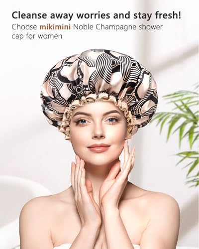 mikimini Champagne Large Shower Caps Pack of 2, Shower Cap for Women Long Hair with Black Lace, Reusable Waterproof Shower Hat for Girls