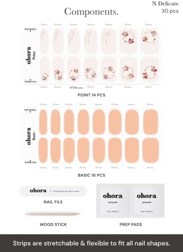 ohora Semi Cured Gel Nail Strips (N Delicate) - White, Patterned, Works with Any UV/LED Lamps, Salon-Quality, Long Lasting, Easy to Apply & Remove - Includes 2 Prep Pads, Nail File & Wooden Stick