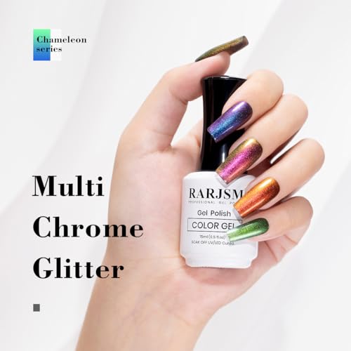 RARJSM Chameleon Gel Nail Polish Multichrome Gradient Color Changing Dark Blue Purple Orange Green 6pcs Set 7.5ml Shimmer Glitter Gel Polish Curing Requires Soak Off Sparkle Chrome Nail Gel Varnish