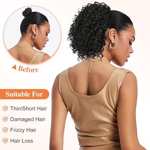 Lommel Ponytail Extension for Black Women,10 Inch Drawstring Ponytail for Black Women Curly Pony Tails Hair Extensions for Womens Afro Kinky Curly Hair Pieces for Daily Use(Brown Black)