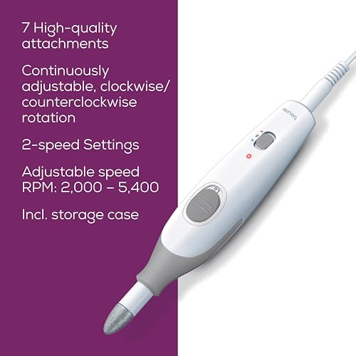 Beurer MP32 Electric Nail Drill with 7 Attachments, Manicure/Pedicure Set with 2-Speed Levels & Dual Rotation for Salon-Quality Nail Care at Home, Including Storage Case