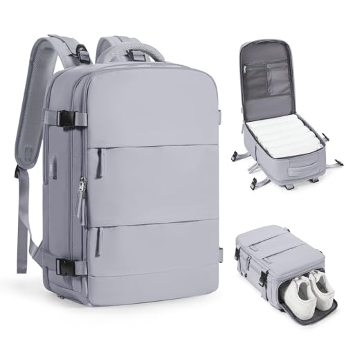 coofay Travel Backpack Carry On Flight Approved For Women Men Personal Item Backpack Carry On Bags For Airplanes Backpack For Travel With Shoe Compartment Grey