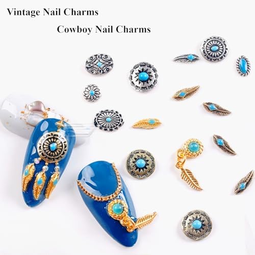 50 PCS Metal Turquoise Nail Charms - Western Cowboy Nail Art Decorations, 3D Nail Gems for DIY Manicure, Mixed Shapes Nail Accessories for Gel Acrylic Nails (Blue)