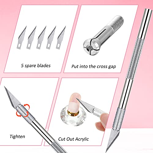 12 Pieces French Nail Trimmer Stainless Steel French Tip Cutters Smile Line Cutter Edge Manicure DIY Plate Module with 2 Handles Cutting Knife and 5 Spare Blade for Acrylic Nail(Silver)