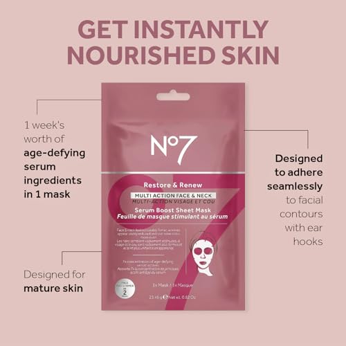 No7 Restore and Renew Multi-Action Face and Neck Serum Boost Mask – Anti-Aging, Firming, Wrinkle-Reducing Sheet Mask for Hydrating and Brightening Uneven Skin Tone