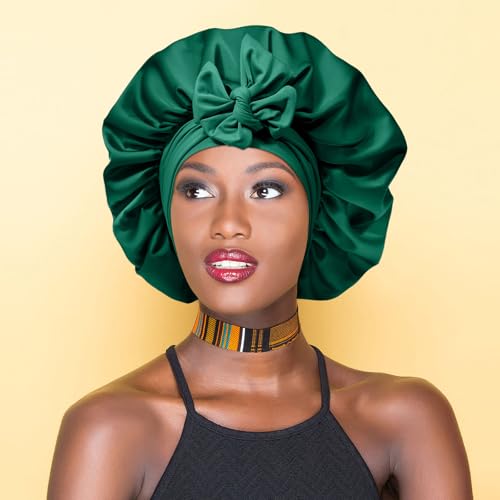 AWAYTR Satin Bonnet for Women Tie Band Hair Bonnet Large 2 Layered Silk Sleeping Cap Nightcap with 3PCS Hair Scrunchies (Green)