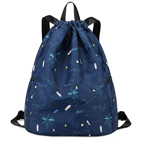 Ryushoyo Drawstring Backpack for Kids - Coconut Tree Bags for Girls Mini Gym Dance Beach Swim Travel Bag With Two Water Bottle Holder Dark Blue