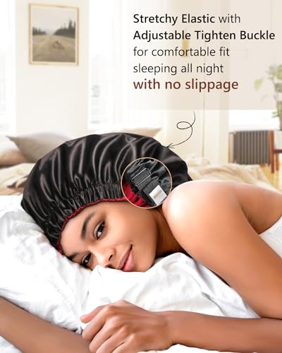 mikimini Satin Bonnet Pack of 2 for Men and Women, Reversible Double Layer Sleeping Silk Bonnet for Curly Hair Braids with Anti-Slip Adjustable Widened Elastic Band Super Large Soft (XL, Black/Red)