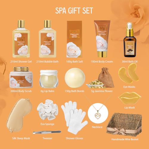 18Pcs Bath and Body Gift Basket Set for Women - Vanilla Spa Baskets Spa Kit with Necklace | Perfect Gifts for Christmas, Valentines Day, Mothers Day, Birthday Gifts, Self Skin Care Gifts for Her/Mom