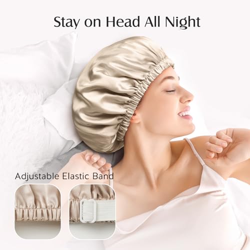 YFONG Double Layered 100% Silk Bonnet for Sleeping Women, 22 Momme Pure Mulberry Silk Sleep Cap with Adjustable Elastic Band Stay On Head，Reduce Frizz, Keep Hairstyle, Soft & Breathable, Champagne, M