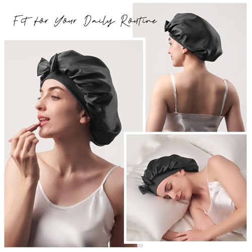 Umisleep Double-Sided 100% 22 Momme Mulberry Silk Bonnet for Sleeping Women, Large Silk Hair Wrap for Long Curly Hair, Non-Slip Sleep Cap with Adjustable Band, Black