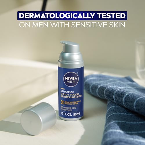 NIVEA MEN Age Defense Daily Face Moisturizer with Broad Spectrum SPF 30 Sunscreen, Pro-Retinol and Hyaluronic Acid, Beard-Friendly Face Lotion Helps Defend Against UVA/UVB Rays, 1.7 Fl Oz Bottle