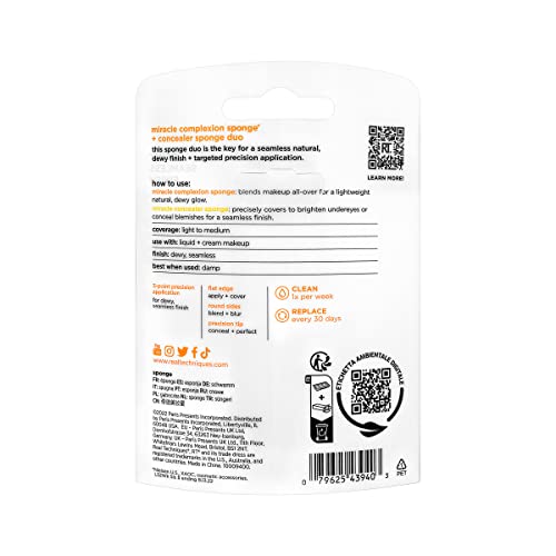 Real Techniques Miracle Complexion Sponge + Concealer Sponge Duo, Makeup Blending Sponges For Foundation & Concealer, Offers Light To Medium Coverage, Natural, Dewy Makeup, Latex-Free Foam 2 Count