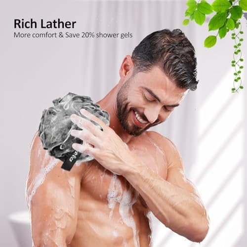 Loofah Sponge Exfoliating Body Scrubber: 4PCS Extra Large 80g Shower Loofahs Poufs, 1PCS Long Handle Loofa Back Scrubber, 1PCS Luffa Hook, Charcoal Loofah Pack for Women Men Bath Wash, Black