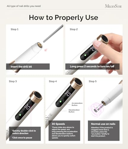 MelodySusie Portable Electric Nail Drill, Cordless 30000RPM Nail EFile with Drill Bits & Ultra Fine Sanding Bands for Manicure Pedicure, Professional Nail File Tool for Women, PM170F White