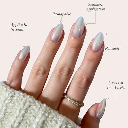 Glamnetic Press On Nails - Entranced | Short Almond White Holographic Fake Nails, Semi-Transparent, Reusable | 15 Sizes - 30 Nail Kit with Glue