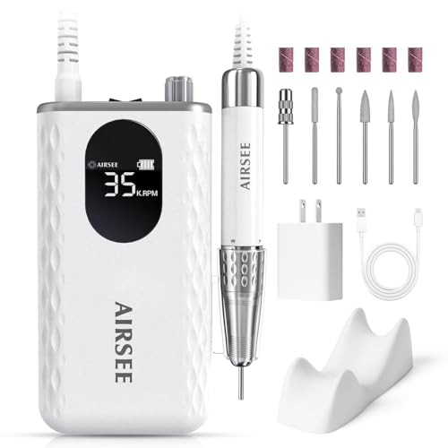 AIRSEE Updated Professional Nail Drill,Rechargeable Cordless Efile Machine for Acrylic Extension Gel Dip Powder Powerful Portable Efile 56 Sanding Bands 7 Bits,Low Noise Low Heat,G7 White