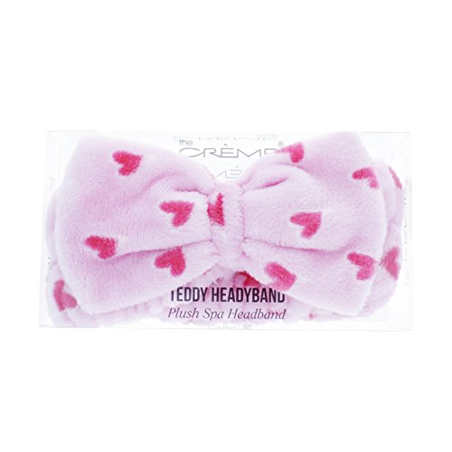 The Crème Shop Korean Skincare Beauty Facial Sweat Hair Towel, Non-slip Stretch Comfortable Wrap Band Adhesive Makeup Wash Spa Elastic - Classic Pink Teddy Headyband with Pink Hearts